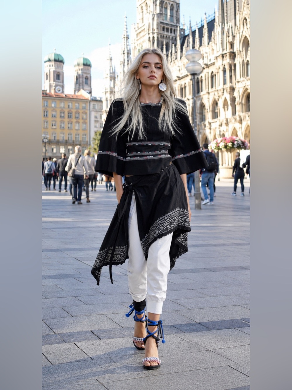Hand Crafted Black Asymmetrical Skirt with Geometric Trim